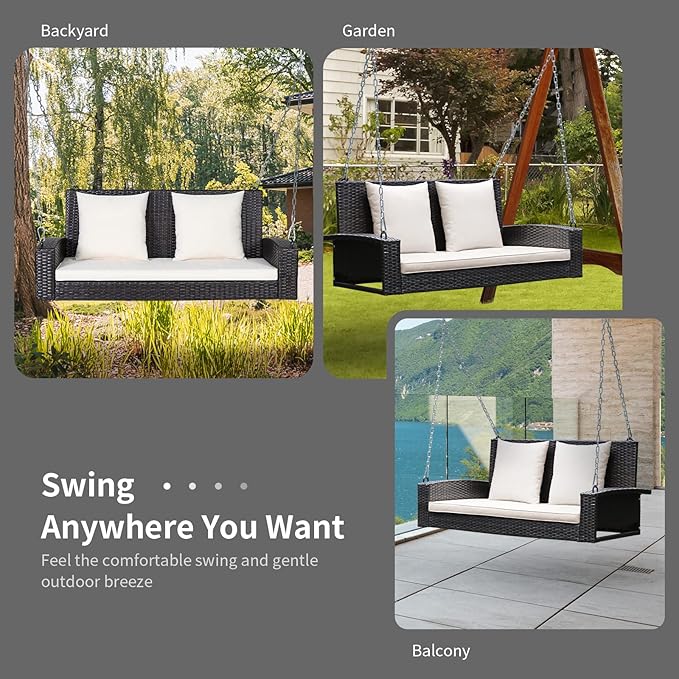 RELAX4LIFE Porch Swing 2-Seat Patio Rattan, Wicker Porch Swings Outdoor W/Two 7.9 Ft Solid Steel Chain, Comfortable Back & Seat Cushions, for Front Porch, Garden, Backyard Patio Swing (Beige)