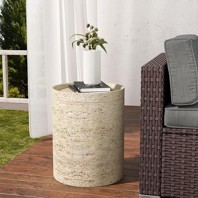SUNBURY Outdoor Side Tables for Patio, Small Concrete Accent End Table, Stone Round Modern Coffee Furniture, Milky Cement Side Table