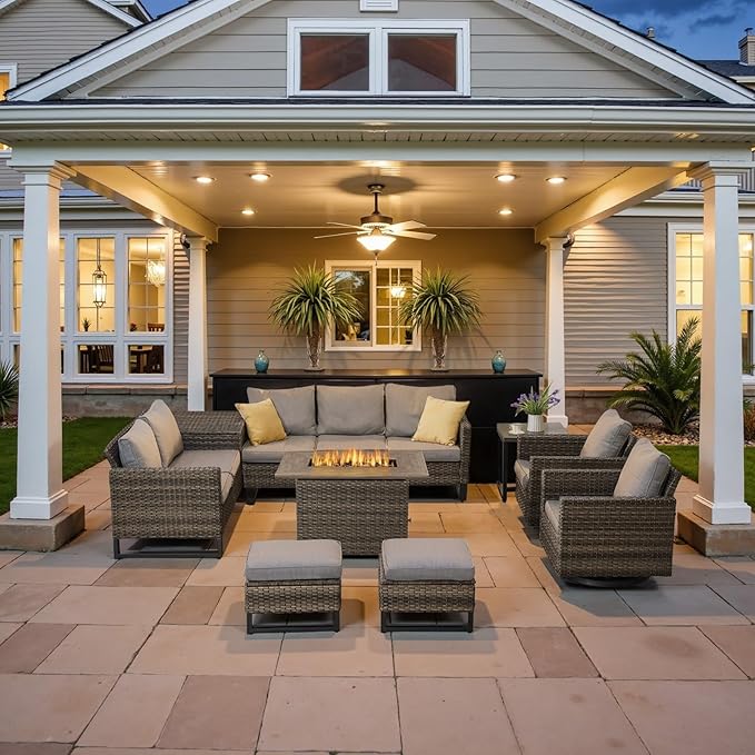Belord Outdoor Sectional Sofa with 41" Propane Fire Pit Table - 9 Piece Patio Conversation Set with Storage Box and Swivel Rocker Chairs All-Weather PE Wicker Furniture Set Gray
