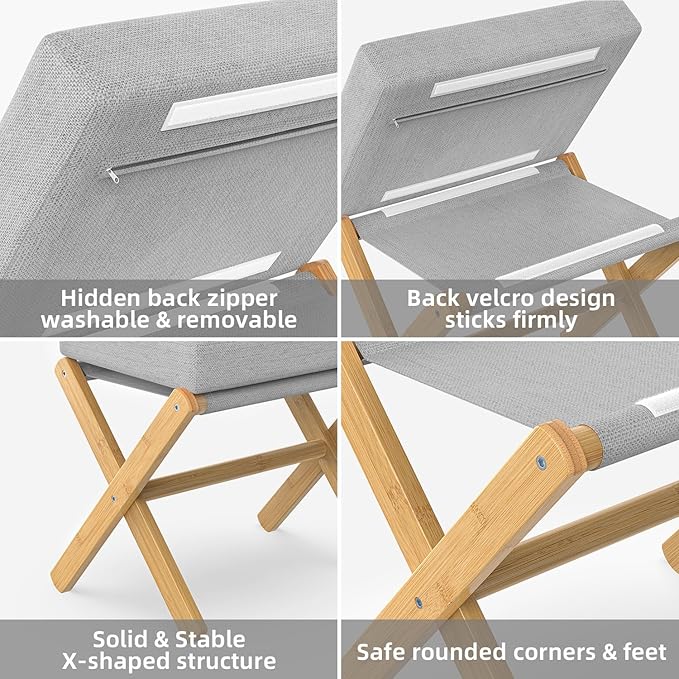 Foldable Foot Stool Ottoman, Modern Foot Rest with Bamboo X Legs & Thick Foam Cushion, Folding Foot Stools Small Padded for Bedroom Living Room, Footstool for Chair Couch (Natural - Grey)
