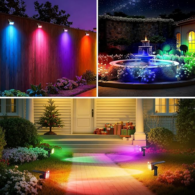 WdtPro Solar Color Changing Spot Lights, 8 Lighting Modes Solar Lights Outdoor Waterproof, Multicolor RGB Outdoor Lights, 7 Colors Auto Cycling Landscape Spolights for Yard Garden Decoration, 4 Pack