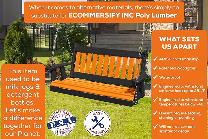Mission Poly Lumber Wood 5FT Porch Swing Amish Craftsmandship Made in USA HDPE with No Wood fibers 1000 lbs Limit. Stainless Steel Hardware.Signature Design for Patio Outdoor Backyard Garden Park