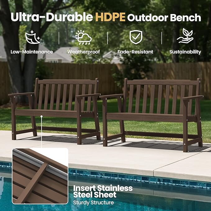Ciokea 48" Outdoor Bench Set of 2, HDPE Weatherproof Garden Bench, 2-Person Memorial Benches with 550 Lbs, Waterproof Patio Porch Benches for Outside Business Deck Office Backyard Balcony, Brown
