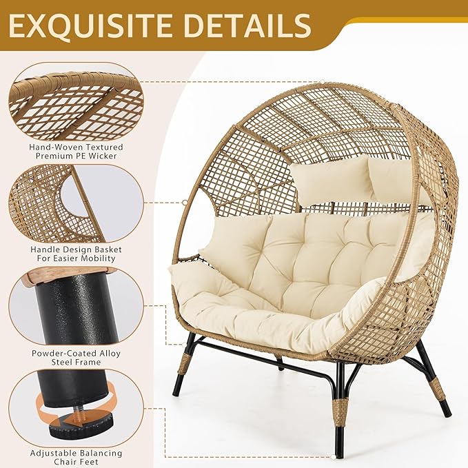 NICESOUL Indoor Outdoor Double Egg Chair with Ottoman Padded Cushions, 57.1" Plus Size XL Wicker Lounge Chair Deep Seating with Footrests, 2 Person Loveseat for Patio Porch Balcony Cream Beige