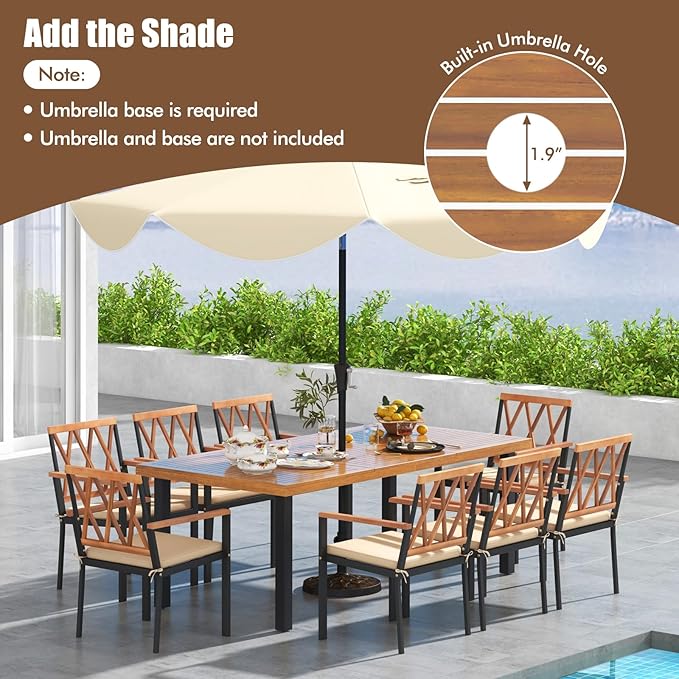Tangkula 9 Pieces Patio Dining Set, Outdoor Acacia Wood Table and Chairs with Soft Cushions and 1.9” Umbrella Hole, Outdoor Patio Furniture Set for Garden, and Backyard