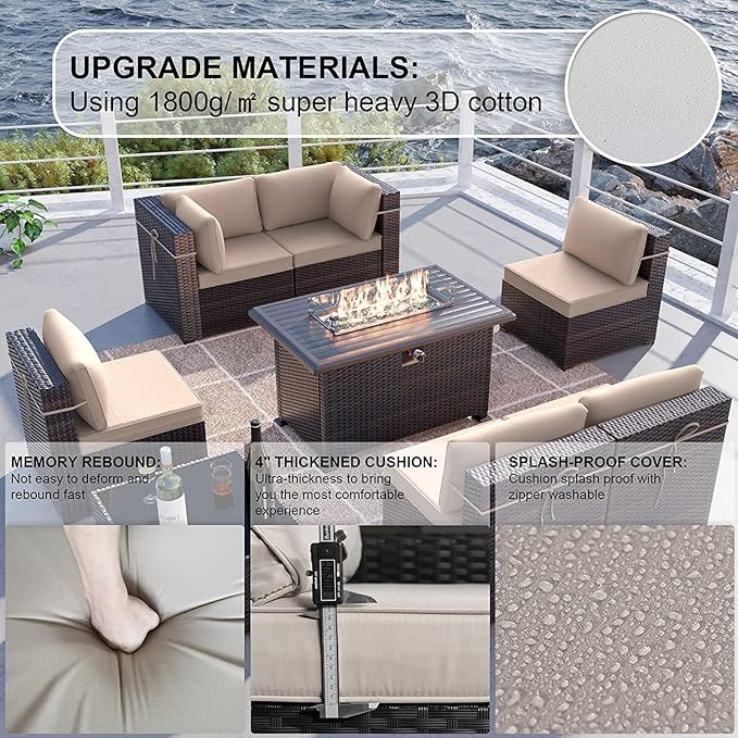 Kullavik 11 Pieces Outdoor Patio Furniture Set,PE Wicker Rattan Sectional Sofa Patio Conversation Sets with 43" 55000BTU Gas Propane Fire Pit Table,Swivel Rocking Chairs Set,Sand