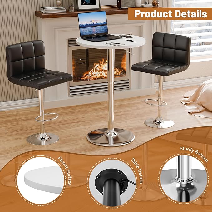 Flamaker Round Bistro Pub Table 23.6 Inch Height Adjustable 360° Swivel Bar Table Metal Base for Pub, Dining Room, Party (2, White-Silver)