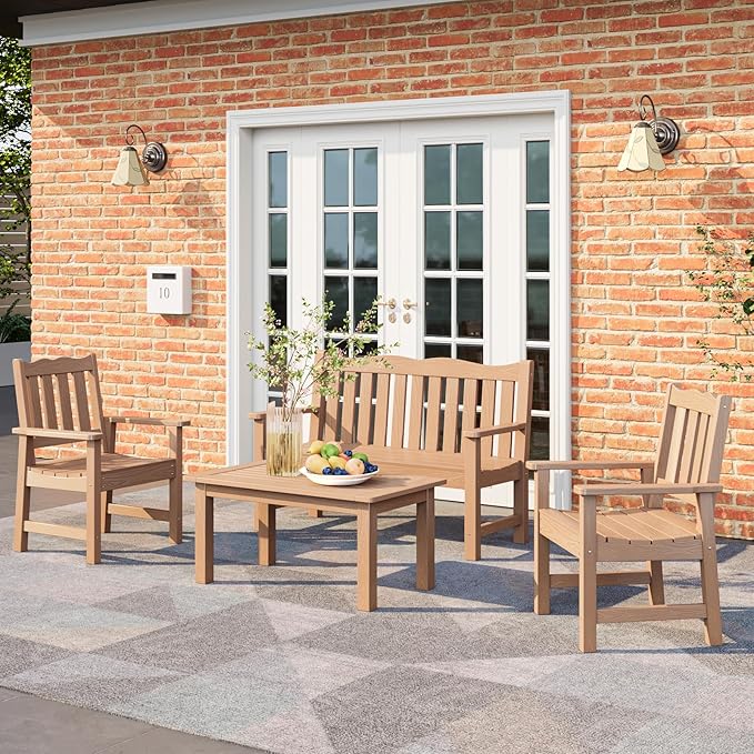 Stoog HIPS Outdoor Patio Dining Set, 4-Piece All-Weather Garden Bench, Chairs and Table Set, Patio Dining Set for Backyard, Lawn, Deck and Porch, Teak