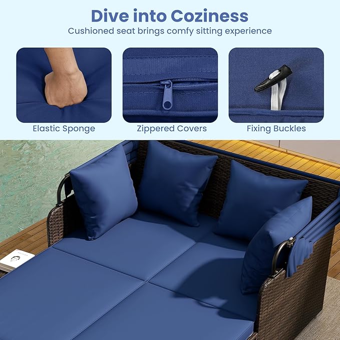 ORALNER Outdoor Daybed, 2-Person Wicker Patio Sofa with Retractable Canopy, Cushions & Pillows, 2 Side Trays, PE Rattan Double Sunbed for Deck Poolside Garden Balcony Backyard (Navy, Mix Brown)