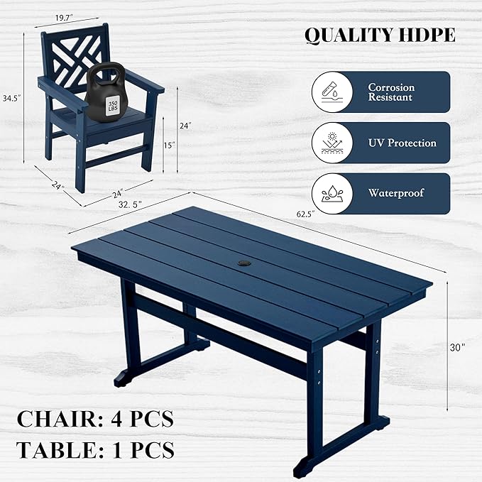 HDPE Dining Table Set for 4,5-Piece Outdoor Table and Chairs Include 4 Dining Chairs and 62.5" Patio Dining Table with Umbrella Hole (Blue)