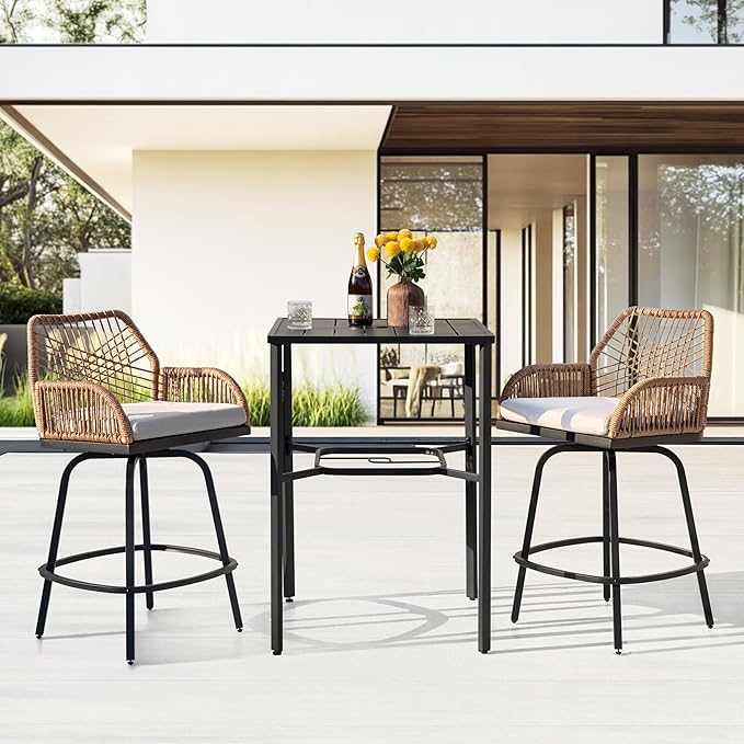 NUU GARDEN 3-Piece Patio Bar Set, All Weather Rattan Swivel Stools 360 Degree Swivel, Outdoor High Top Table and Chairs for Backyard, Balcony, Garden and Poolside, Black and Beige