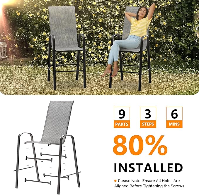 VINGLI Set of 4 Stackable Outdoor Bar Stools – Sling Chairs with High Back & Armrests, for Lawn, Garden, Bar, Grey