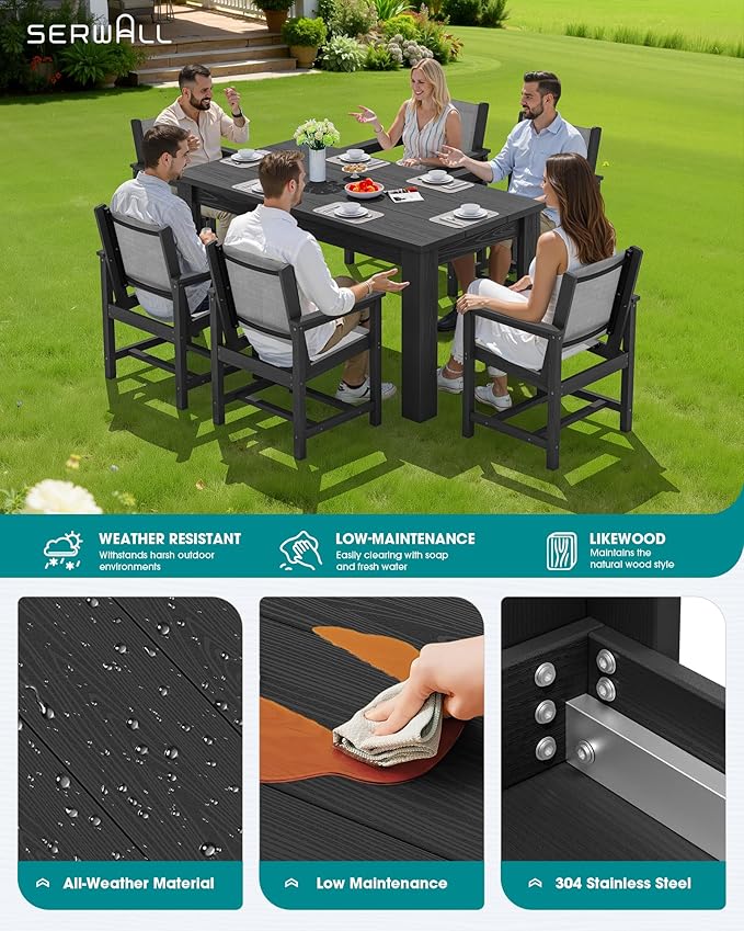 SERWALL 10 Piece Outdoor Dining Table Sets for 8 with 2 Umbrella Hole Cut-Out Rectangular Tables and 8 Textilene Chairs, HDPE Dining Table Sets for Garden, Backyard, Poolside, Black