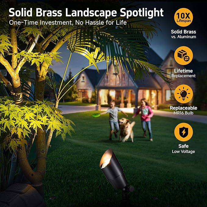 Gardenreet Brass Landscape Lighting - Black Outdoor Low Voltage Spotlights LED, 12V Wired Uplights, Waterproof Spot Lights for Outside Trees Without MR16 Bulb (4 Pack)