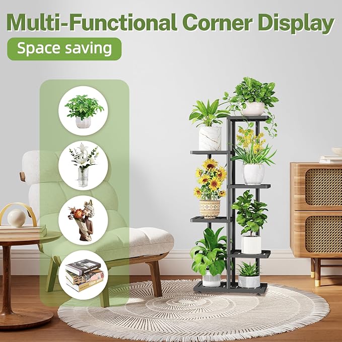 iDavosic.ly Plant Stand Indoor Outdoor, 5-Tier Tall Metal Flower Shelf for Heavy-Duty Large Planters, Corner Orchid Display Rack for Living Room Balcony Patio Porch, Space Saving, Modern Black