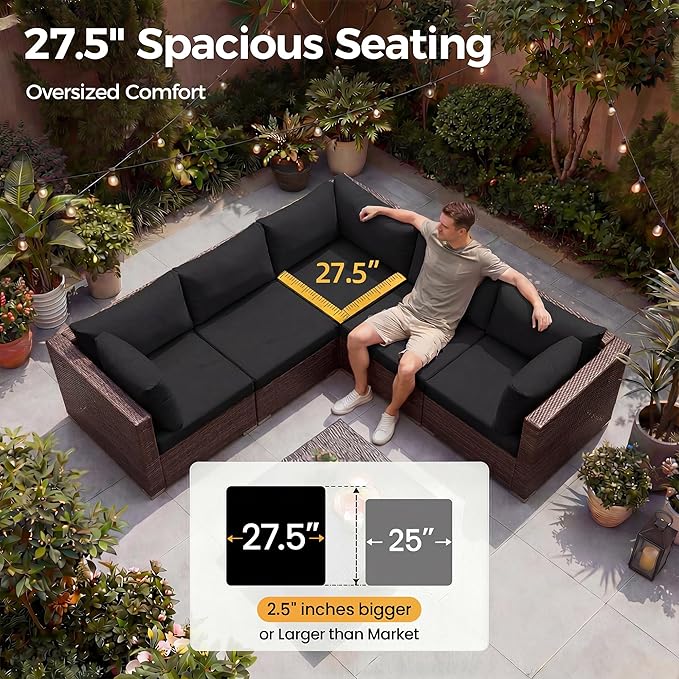 NICESOUL 9 Piece Patio Furniture Set with Fireplace Natural Gas/Propane, 29.3'' High Back Large Wicker Outdoor Sectional Sofa Sets, Deep Seat Sitting Area Backyard, Brown Rattan and Black Cushion