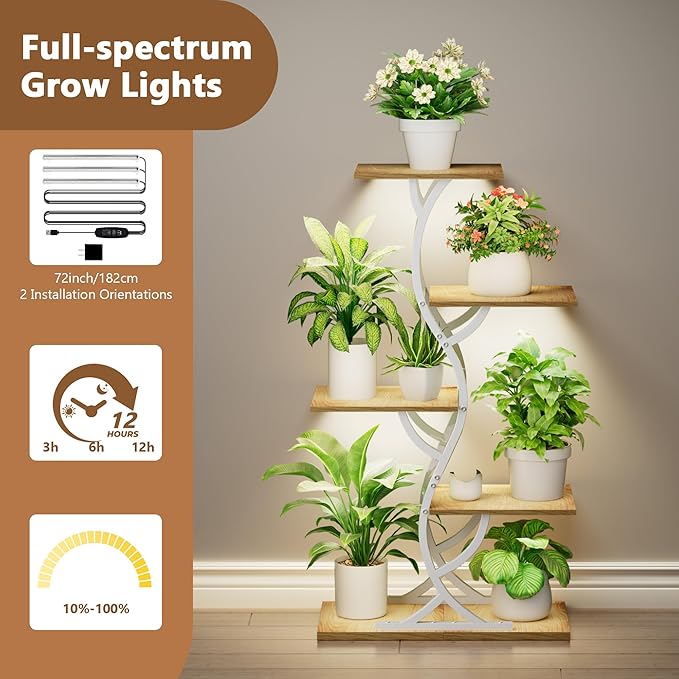 Plant Stand Indoor with Grow Lights - 44" Tall Corner Plant Stands for Indoor Plants, 5 Tiered Metal Plant Shelf, Curved Plant Flower Holder Dispaly Rack for Living Room, Home Patio Balcony (White)