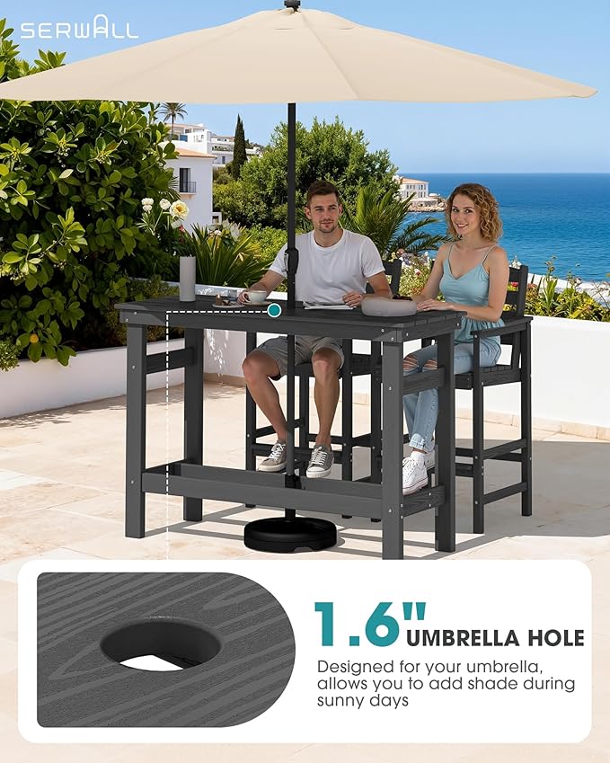 SERWALL Outdoor Bar Set - 4 Adirondack Bar Chairs & Bar Height Table with 1.6" Umbrella Hole, All-Weather HDPE Patio Furniture for Poolside, Backyard, Garden - Grey