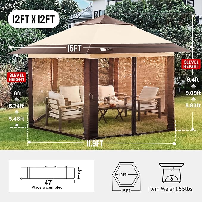 CROWN SHADES 12x12 Pop Up Gazebo with Mosquito Nettings, Patented Center Lock 6-Sided Portable Gazebo, 300D Silver-Coated Fabric UV Resistant, Pop Up Canopy Tent for Patio, Party, Beige&Coffee