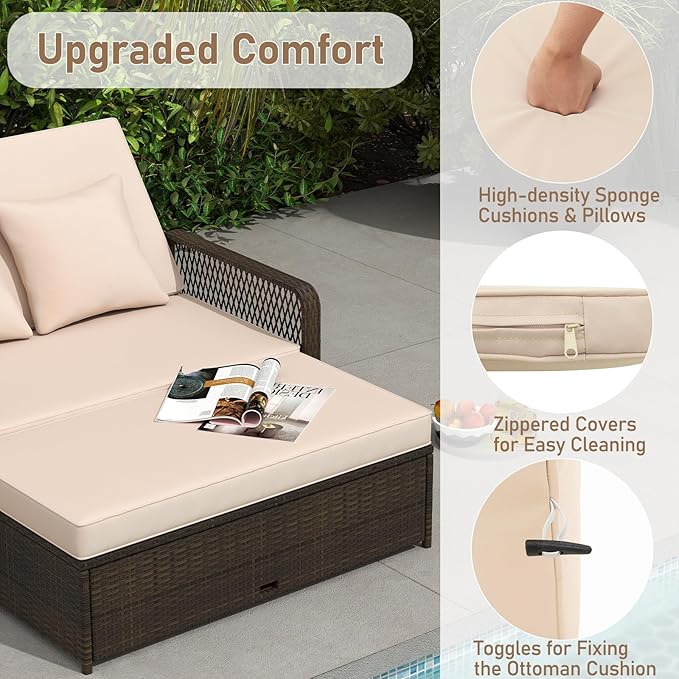 RELAX4LIFE Wicker Patio Outdoor Daybed - Rattan Sunbed Loveseat Sofa Set w/4-Level Adjustable Back, Cushions & Pillows, Storage Ottoman, 2-Person Bed Lounger for Backyard Porch, Patio Daybed (Beige)
