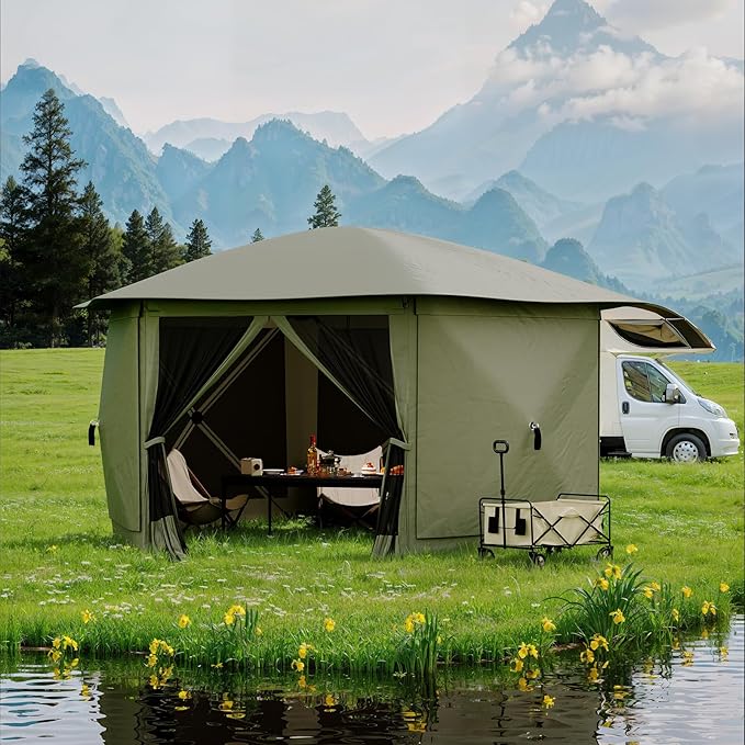 13x13FT 6-Sided Pop Up Gazebo Tent，One-Push Setup Canopy Tent with Removable Canopy Top & Wind Cloths, Outdoor shelter for Camping, Backyard Parties, Outdoor Events - Army Green