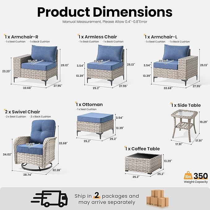 ovios 8-Piece Patio Furniture Set with L-Shape Sofa Chaise, Outdoor Sectional Couch Swivel Gliders, Modern Modular Wicker Rattan Conversation Set, Denim Blue