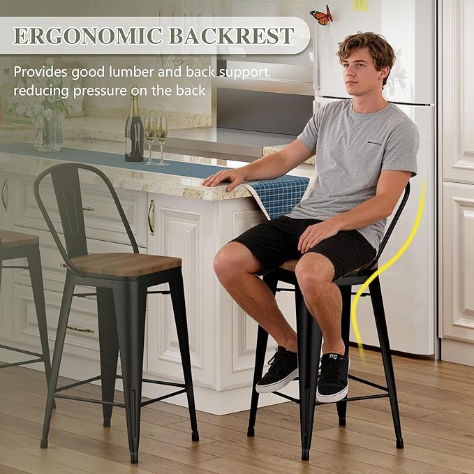 Yongqiang 26 inch Bar Stools Set of 4 Black Metal Counter Height Stools Modern Farmhouse Kitchen Island Barstools Bar Chairs with Large Wooden Seat, High Back