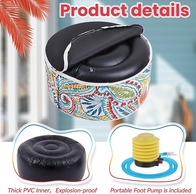 Juexica 2 Pack Outdoor/Indoor Inflatable Ottoman 21 x 9 Inch Paisley All Weather Round Footrest Stool with Handle Water Repellent Portable Footstool Pouf for Patio Garden Camping Home Deck Travel