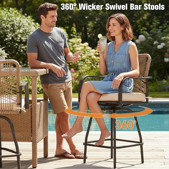 Outdoor Bar Stools Set of 6, 360° Swivel Metal Frame, Wicker Patio Bar Height Stools with Cushion, All-Weather Rattan Chair Design for Patio Backyard, Lawn Garden, Balcony, Poolside