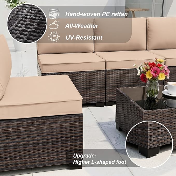 ALAULM Patio Furniture Set with Fire Pit Table 55000 BTU, Outdoor Sectional with Wide Seat and Thick Cushion, 15 Piece Wicker Rattan Conversation Set with Coffee Table for Garden, Deck, Sand