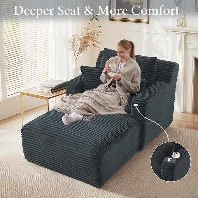 65.4" Chaise Lounge Chair Indoor, Oversized Boneless Couch Comfy Upholstered Sleeper Sofa Bed with 3 Pillows, Corduroy Cloud Reading Chair for Living Room No Assembly Required, Dark Grey