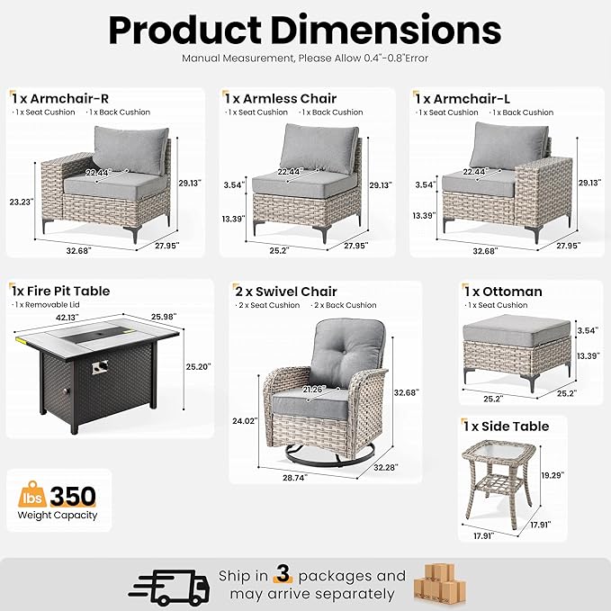 ovios 8-Piece Patio Furniture Set with L-Shape Sofa Chaise, Outdoor Sectional Couch Swivel Gliders Fire Pit Table, Modern Modular Wicker Rattan Conversation Set, Dark Grey