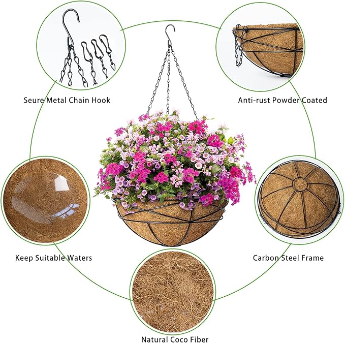 4 Pack 10 Inch Hanging Planters Metal Wire Flower Baskets with Natural Coconut Liners for Outdoor Plants Round Plant Holder Planter for Garden Decor