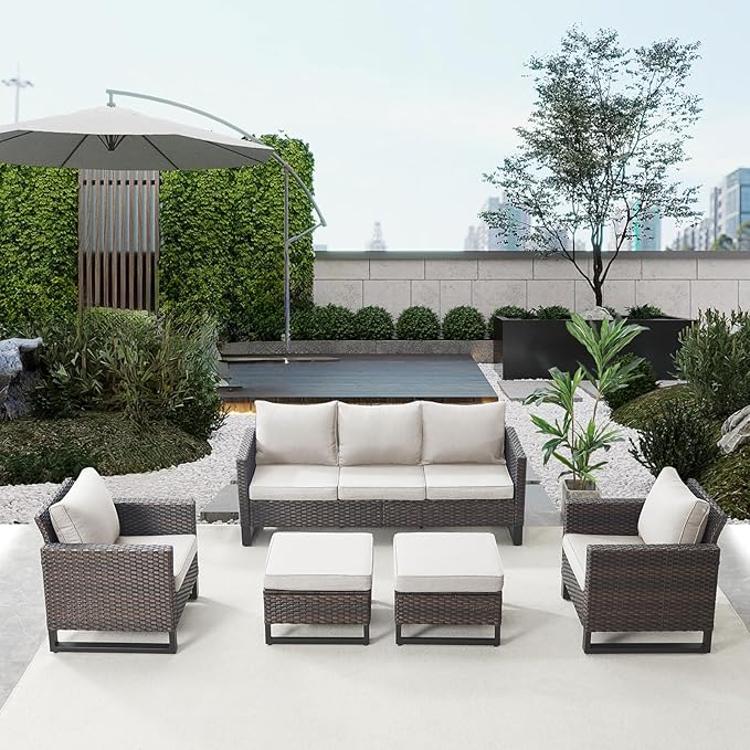 Belord Wicker Patio Furniture 5 Piece Outdoor Sofa Set, Oversize Outdoor Dining Chairs with Rattan Ottomans, Conversation Sets Patio Furniture Come with Removable Cushion Beige, Anti-Rust Frame