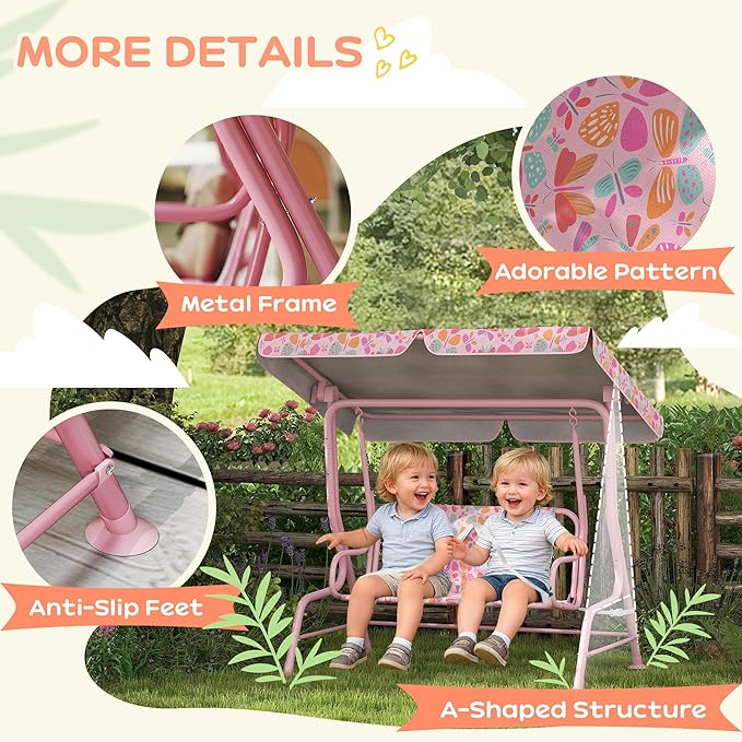 Qaba Kids Patio Swing, 2-Seater Outdoor Porch Swing Chair with Adjustable Canopy, Safety Belt, Pink Butterfly Pattern Hanging Swing Bench for Garden, Backyard, Pink