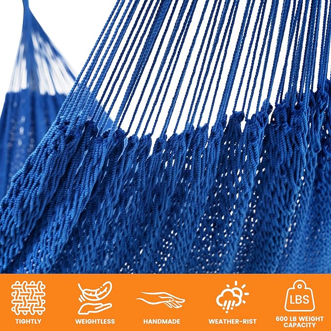 Lazy Daze Hammocks Handwoven Mayan Hammock, 10.5 FT Soft Rope Double Hammocks, Portable Outdoor Hammock with Carry Bag, 2 Straps & Carabiners for Patio Outside, 550 lbs Weight Capacity, Blue