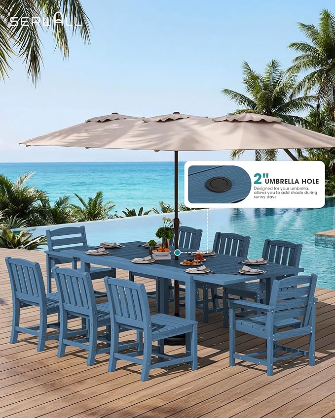 SERWALL 9-Piece Outdoor Dining Set, 60" - 83" Expandable Outdoor Dining Table and 8 HDPE Chairs, All Weather HDPE Outdoor Furniture Set for Backyard, Garden, Blue