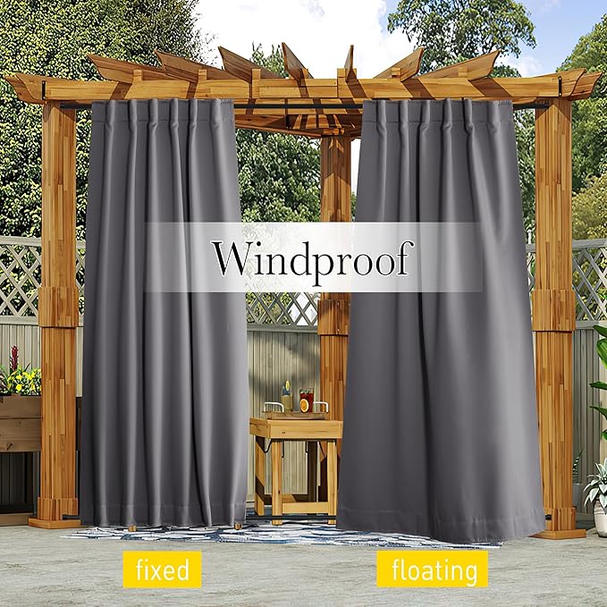 NICETOWN 2 Panels Outdoor Curtains Waterproof Pocket & Back Tab on Top & Bottom, Thermal Insulated Windproof Sun Blocking Outside Privacy Drapes for Patio with Fixed Rope, W84 x L95, Grey