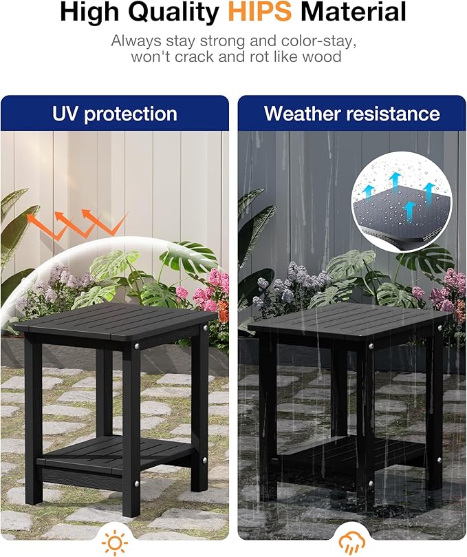YEFU Outdoor Side Table for Patio: 16" HIPS Weather - Resistant Adirondack Tables Set of 2 - Small Square End Tables for Backyard Pool Porch Balcony - Indoor Outdoor Double Layer Table Black