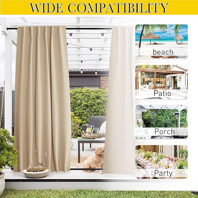 NICETOWN 2 Panels Outdoor Curtains Waterproof Pocket & Back Tab on Top & Bottom, Thermal Insulated Windproof Sun Blocking Outside Privacy Drapes for Patio with Fixed Rope, W84 x L95, Biscotti Beige