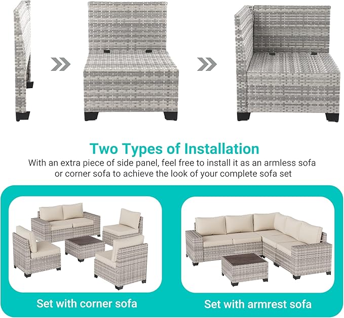 15-Piece Outdoor Patio Furniture Set with Rocking Swivel Chair Wicker Sectional Sofa Set, Patio Conversation Set with Thickened Cushions & Coffee Table for Garden, Backyard, White