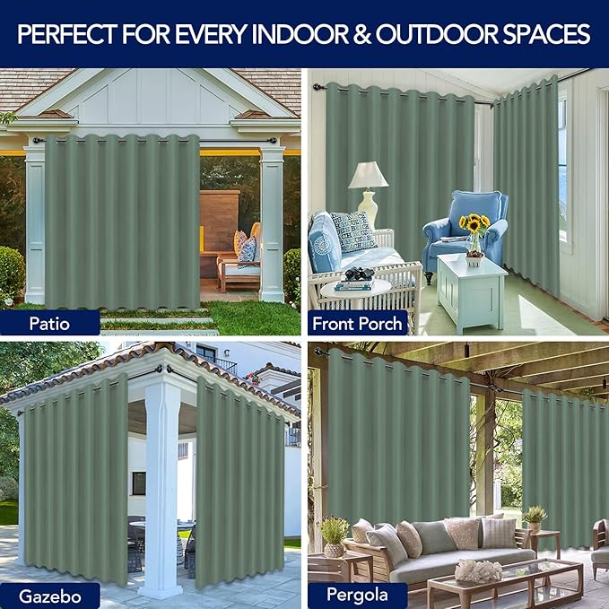 PureFit Outdoor Curtains for Patio Waterproof Weatherproof, UV Resistant Outside Curtains for Gazebo, Front Porch, Pergola, Sun Blocking Privacy Curtain, 120W x 108L inch, 1 Panel, Sage Green