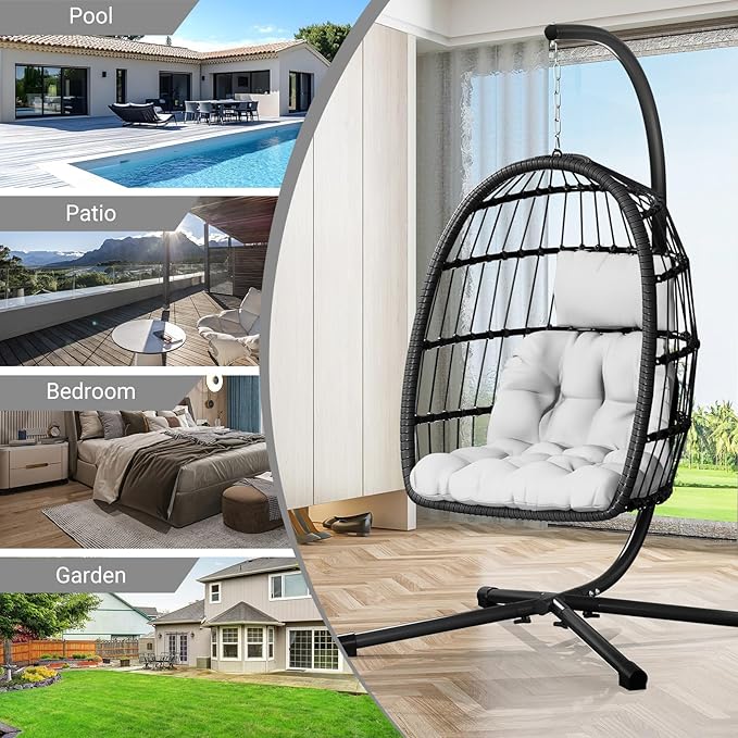 CHABATREE Egg Chair with Stand,Patio Rattan Wicker Hanging Swing Egg Chair Hammock Chair for Bedroom Porch Garden,Thickened Aluminum Alloy Steel Frame and UV Resistant Cushion,350LBS Capacity