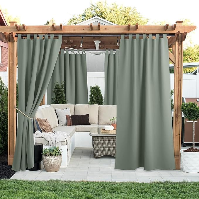 NICETOWN 2 Panels Outdoor Sage Green Curtainss Waterproof for Patio, Detachable Sticky Tab Top Weighted Blackout Sun & Rain Block Window Treatment, Privacy for Gazebo/Porch, W52 x L95
