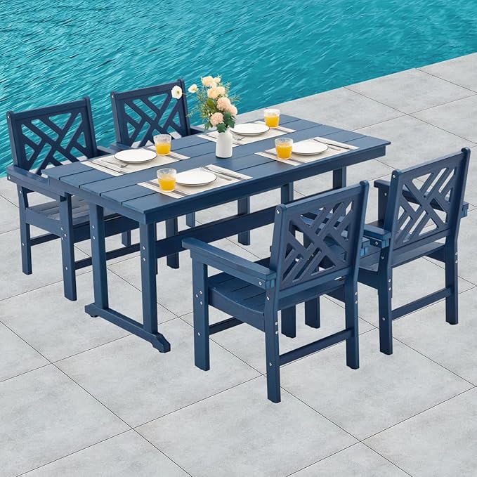 HDPE Dining Table Set for 4,5-Piece Outdoor Table and Chairs Include 4 Dining Chairs and 62.5" Patio Dining Table with Umbrella Hole (Blue)