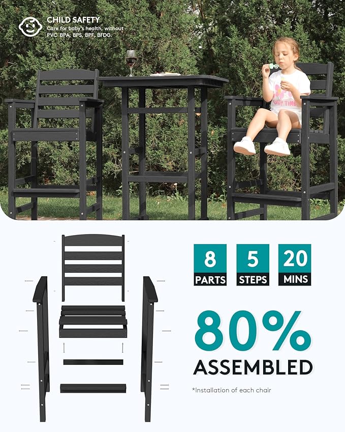 SERWALL Tall Adirondack Chairs Set of 2, Weather Resistance Outdoor Bar Stools, Black