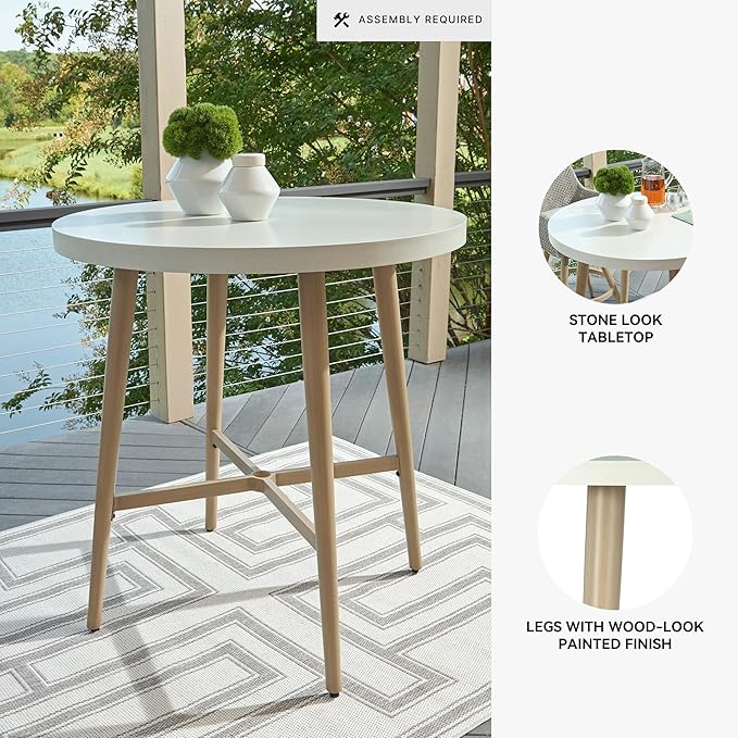 Signature Design by Ashley Seton Creek Casual Outdoor Bar Table with Umbrella Hole, Beige & White