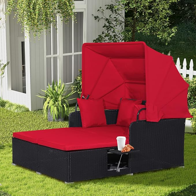 LDAILY Moccha Outdoor Daybed with Retractable Canopy, Wicker Cabana with 2 Side Tables & Soft Cushions,Hand-Woven PE Rattan Bed Lounger, Patio Sectional Furniture Set for Garden Backyard Porch (Red)