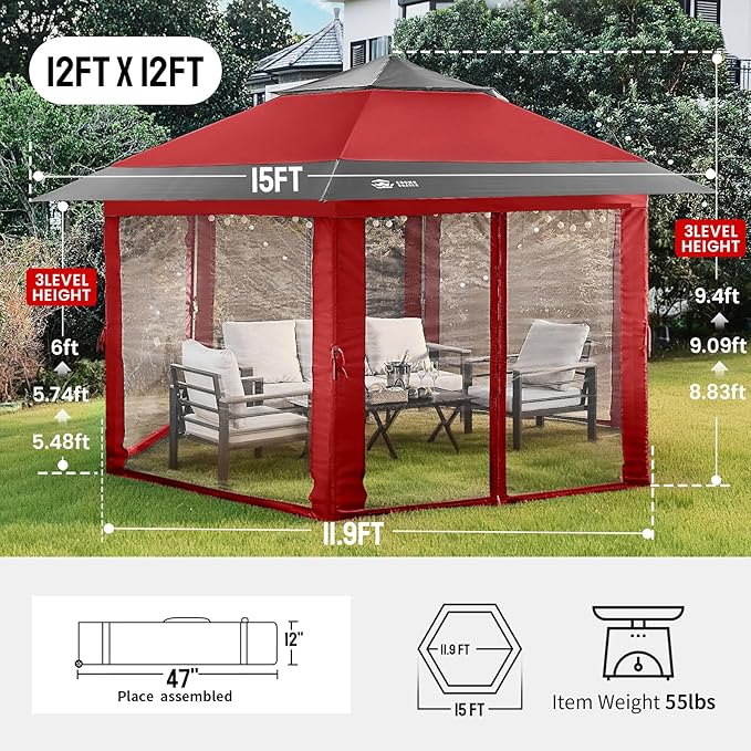 CROWN SHADES 12x12 Pop Up Gazebo with Mosquito Nettings, Patented Center Lock 6-Sided Portable Gazebo, 300D Silver-Coated Fabric UV Resistant, Pop Up Canopy Tent for Patio, Party, Red&Grey