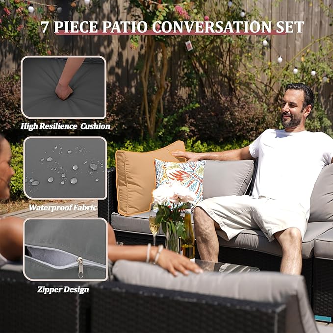 7 Piece Outdoor Patio Furniture Sets, Black Patio Sectional Furniture All-Weather PE Rattan Sectional Sofa, Outdoor Wicker Conversatin Set w Glass Coffee Table for Backyard, Garden, Porch